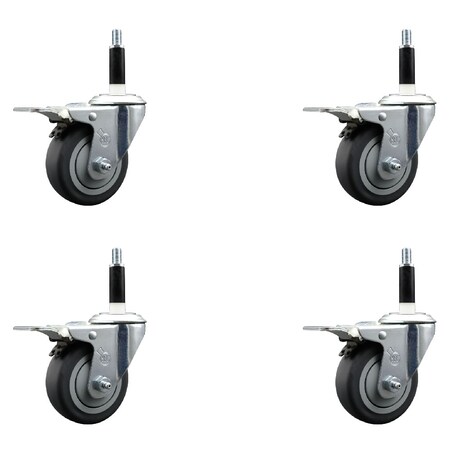 Service Caster 3.5'' SS Thermoplastic Rubber Swivel 7/8'' Expanding Stem Caster Set Total Lock Brake, 4PK SCC-SSEXTTL20S3514-TPRB-78-4